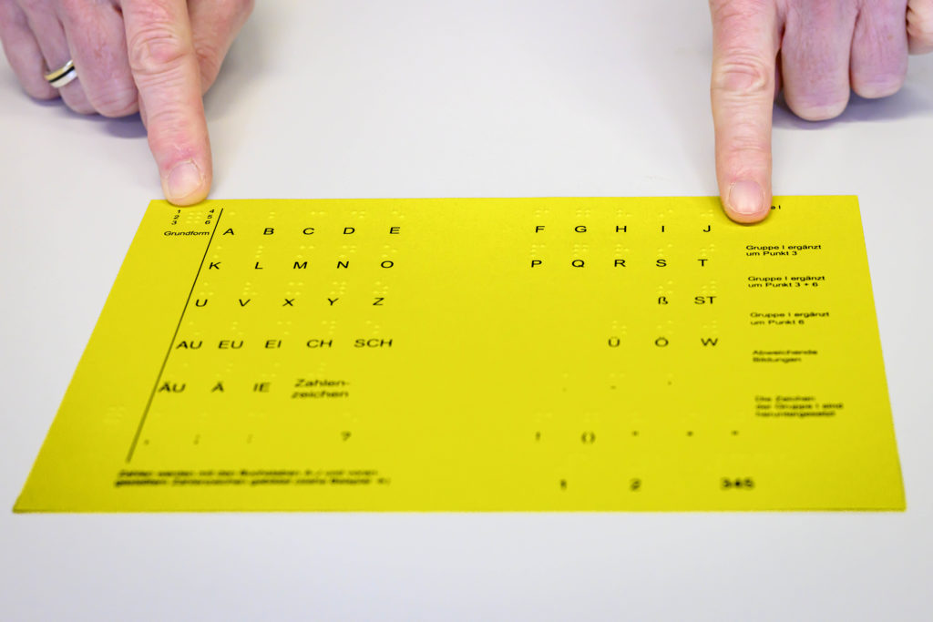 Eine gelbe Karte, auf der das Braillealphabet und die dementsprechende "Übersetzung" in das bekannte Alphabet abgebildet sind.