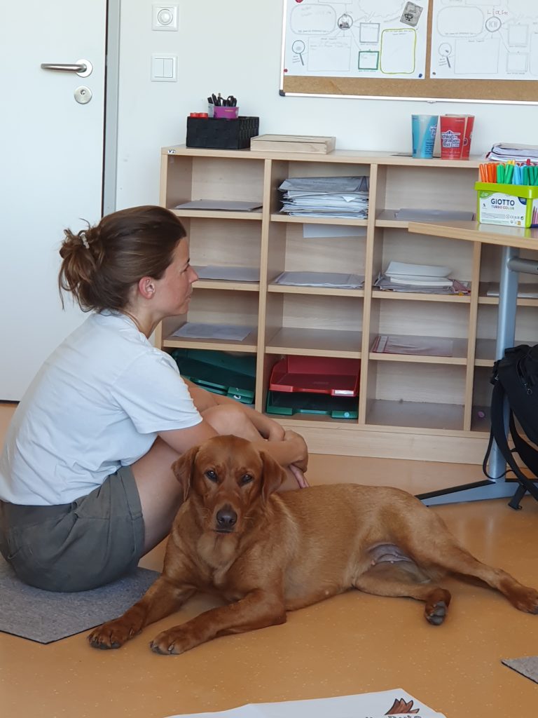 Die Hündin liegt gemütlich im Klassenzimmer. Neben ihr auf dem Boden sitzt die Lehrerin der Klasse, die den Schülern etwas erklärt.