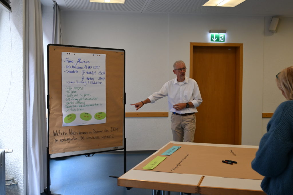 Ein Mann mit einen weißen Hemd deutet während des Workshops mit dem Finger auf einen Flipchart mit blauer Schrift.