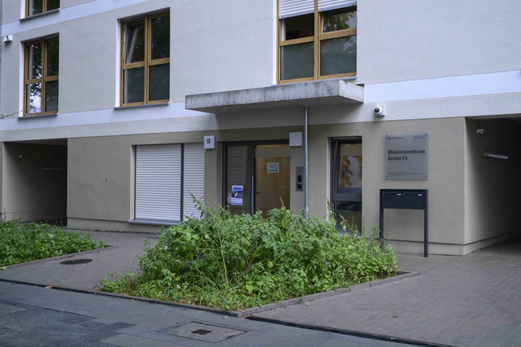 Eine Außenansicht des Gebäudes mit einer wildbewachsenen Grünfläche in der Mitte.