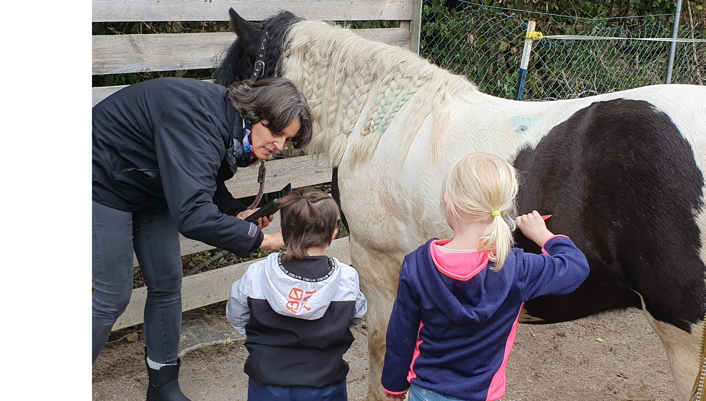 links-weiß-Beitragsbild-20251007_153207 Sandra Breser, Ensar und Amalia stehen vor dem Pony, Amalia striegelt es gerade.
