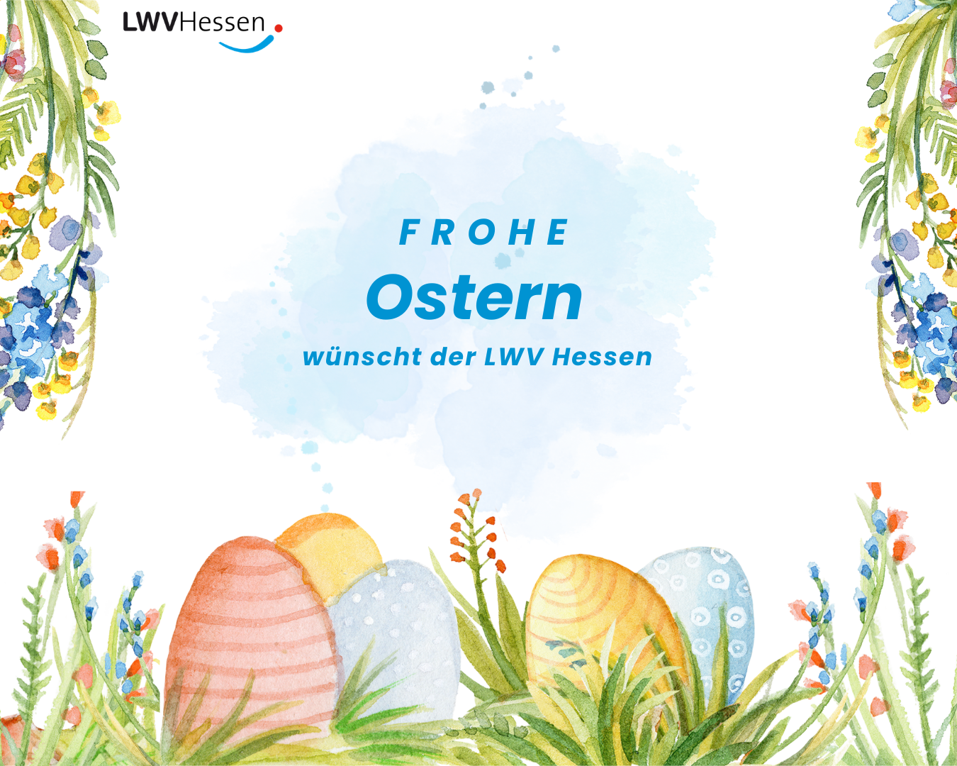 Bild mit bunten Ostereiern und Ostergruß mit blauer Schrift.