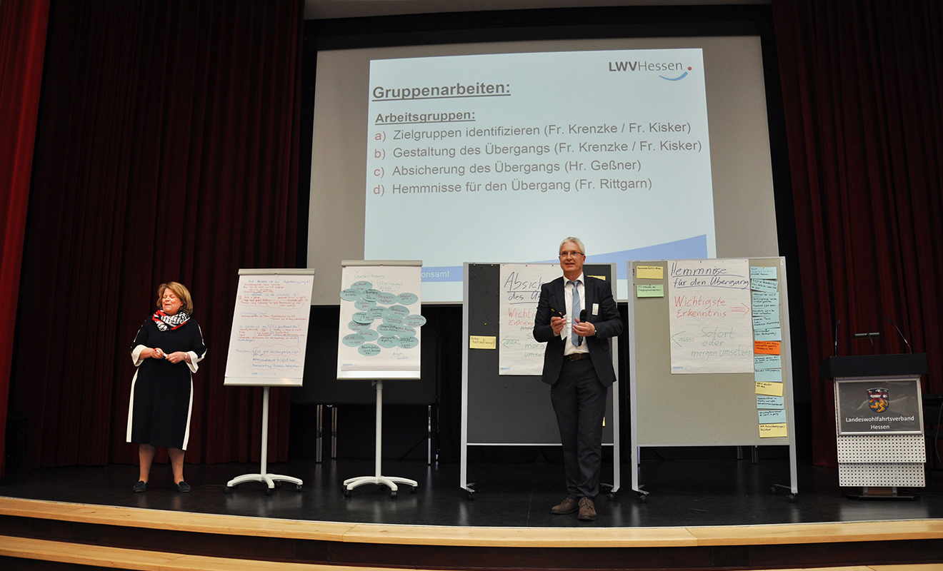 Das Bild zeigt zwei Menschen auf der Bühne vor einer Leinwand und vier Flipcharts, zum Teil mit Präsentationskarten.